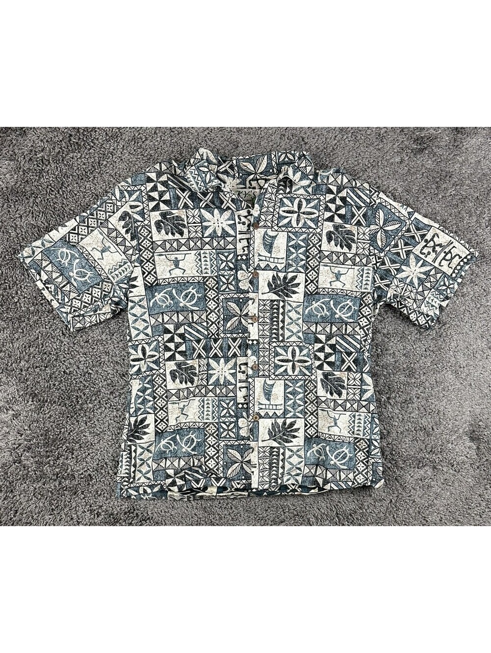 Vintage 90s KY'S Mens M Blue Tapa Print Short Sleeve Hawaiian Aloha Shirt